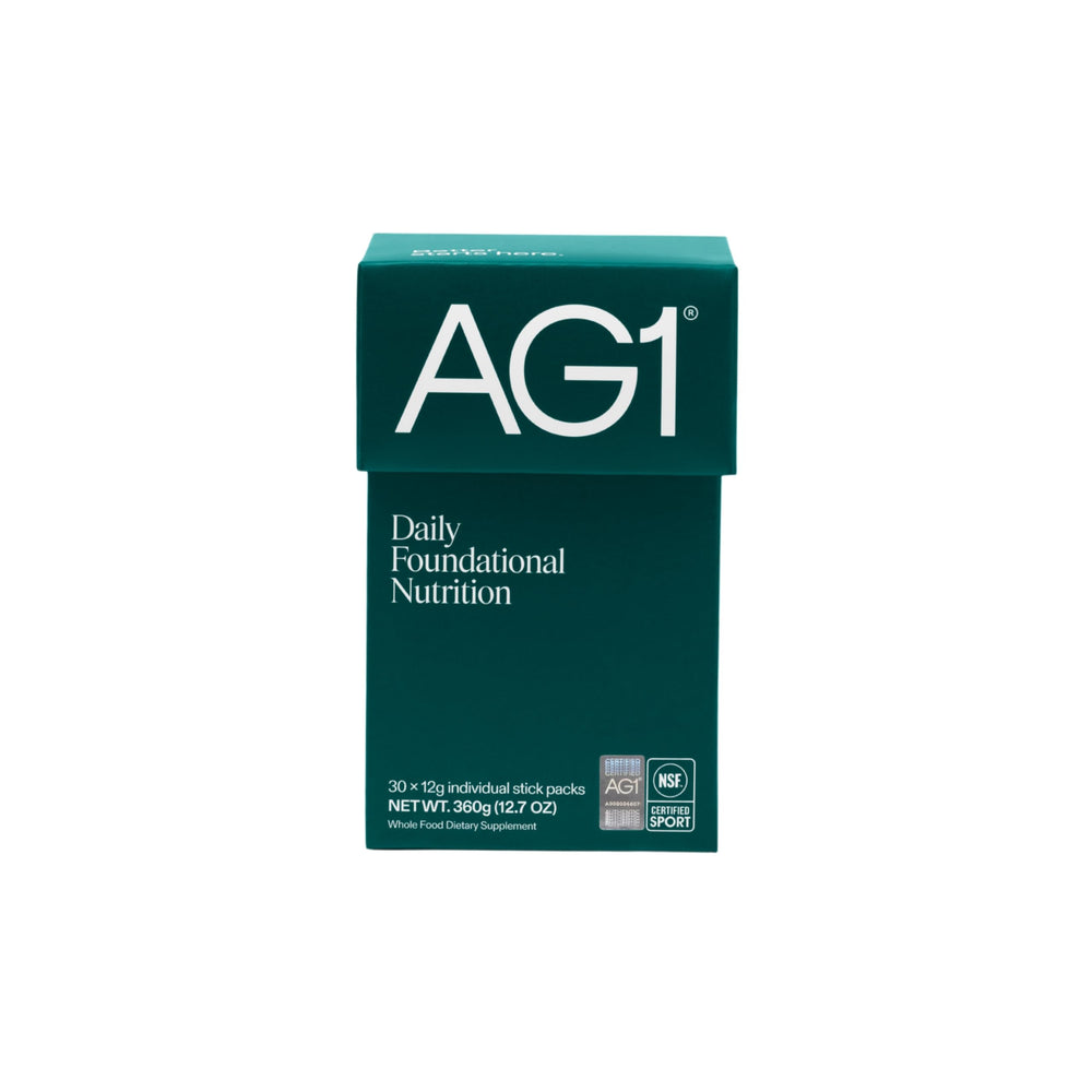 AG1 travel packs 30-count no shaker for convenient on-the-go daily nutrition.