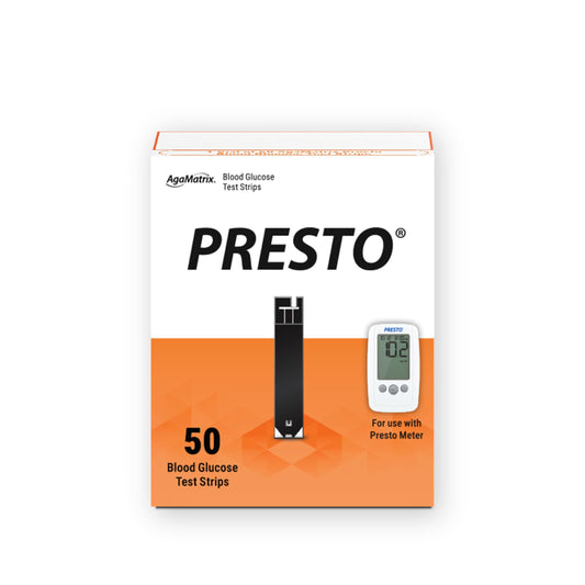 AgaMatrix Presto box front with 50-count strips enables convenient at-home testing.