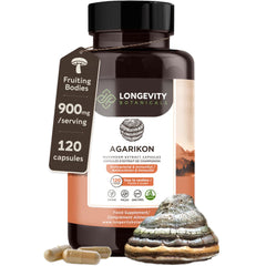Front view of Longevity Botanicals Agarikon Mushroom Extract Capsules bottle.