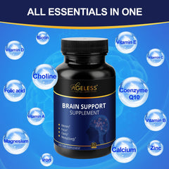 Brain support supplement bottle with label reading 60 capsules