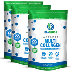Main product packaging of BioTrust Ageless Multi Collagen Peptides Powder