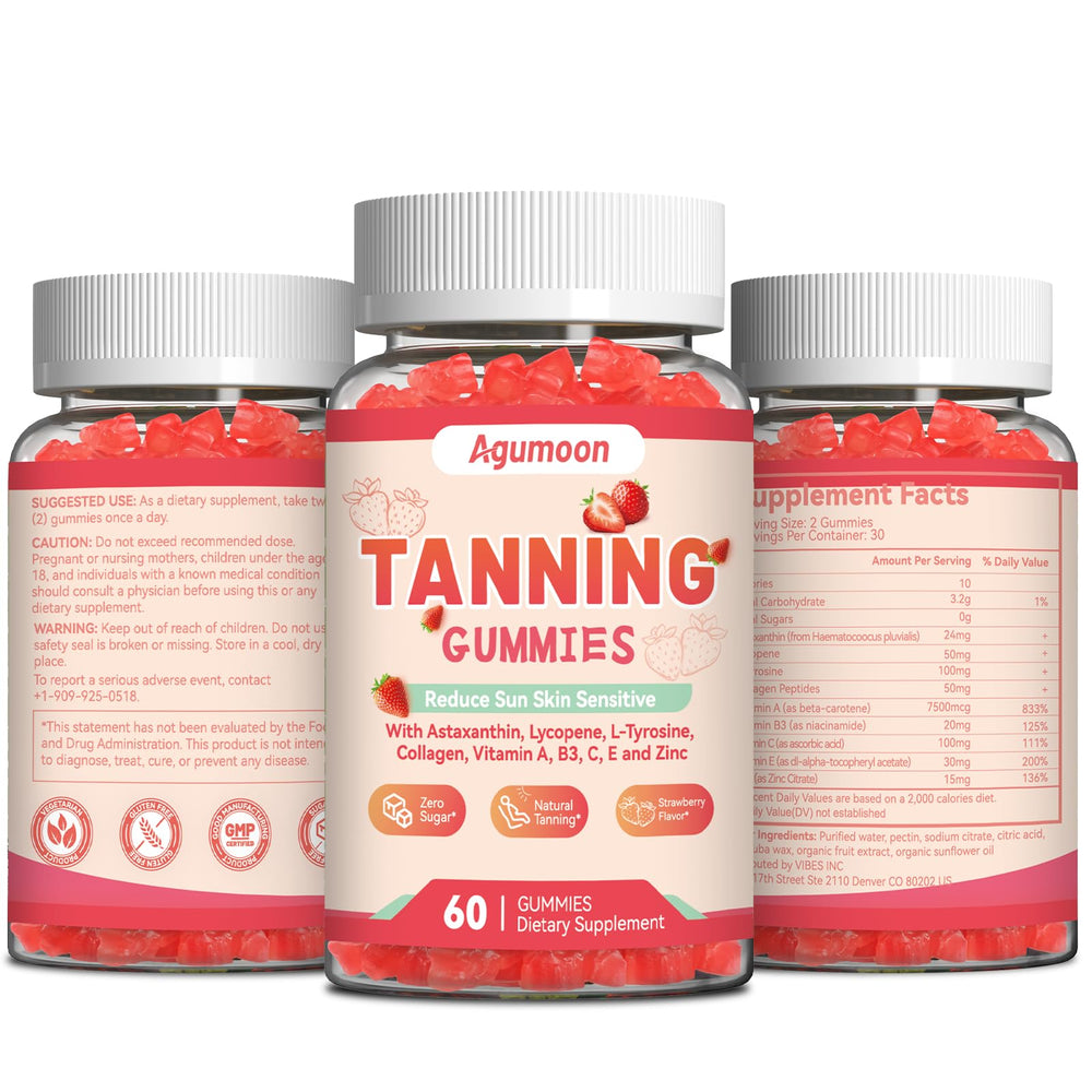 Travel-friendly bottle of Agumoon Tanning Gummies