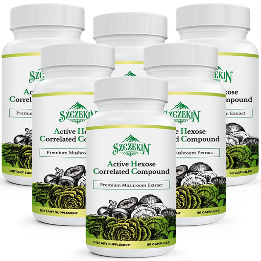 AHCC 1500 mg bottle with 8-mushroom blend label