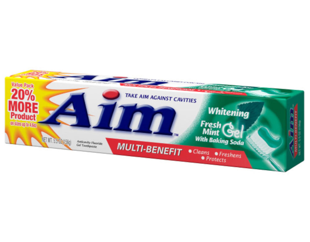 Close-up of Aim Toothpaste 6 oz tube label highlighting Fresh Mint Gel