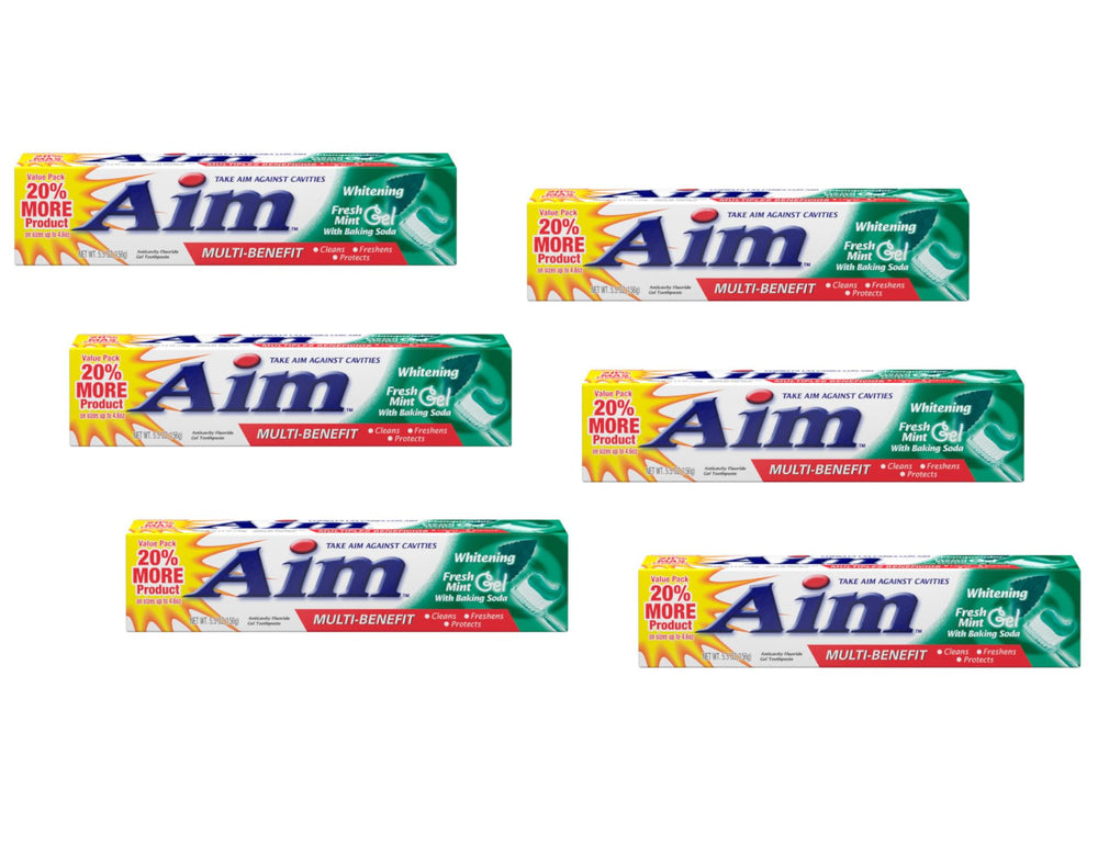 Front view of Aim Toothpaste 6 oz tube in a pack of 6 with Fresh Mint Gel