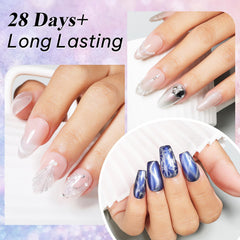 AIMEILI at-home manicure setup with cat eye gel polish and tools.