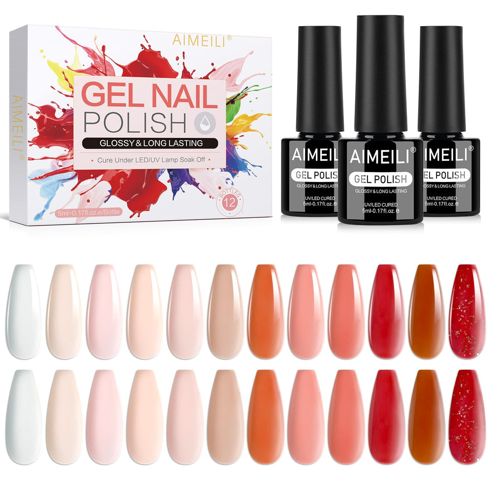 AIMEILI Jelly Gel Nail Polish Set 12pcs nude pink swatches for at-home manicure.