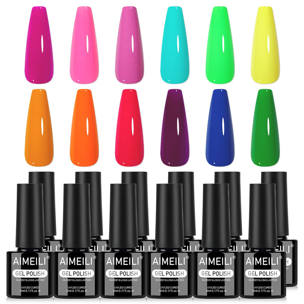 AIMEILI Neon Gel gloss on nails suggests long-lasting shine and easy removal.