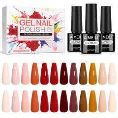 AIMEILI Nude Brown Gel Nail Polish Set 12pcs swatches show versatile nude shades for everyday manicures