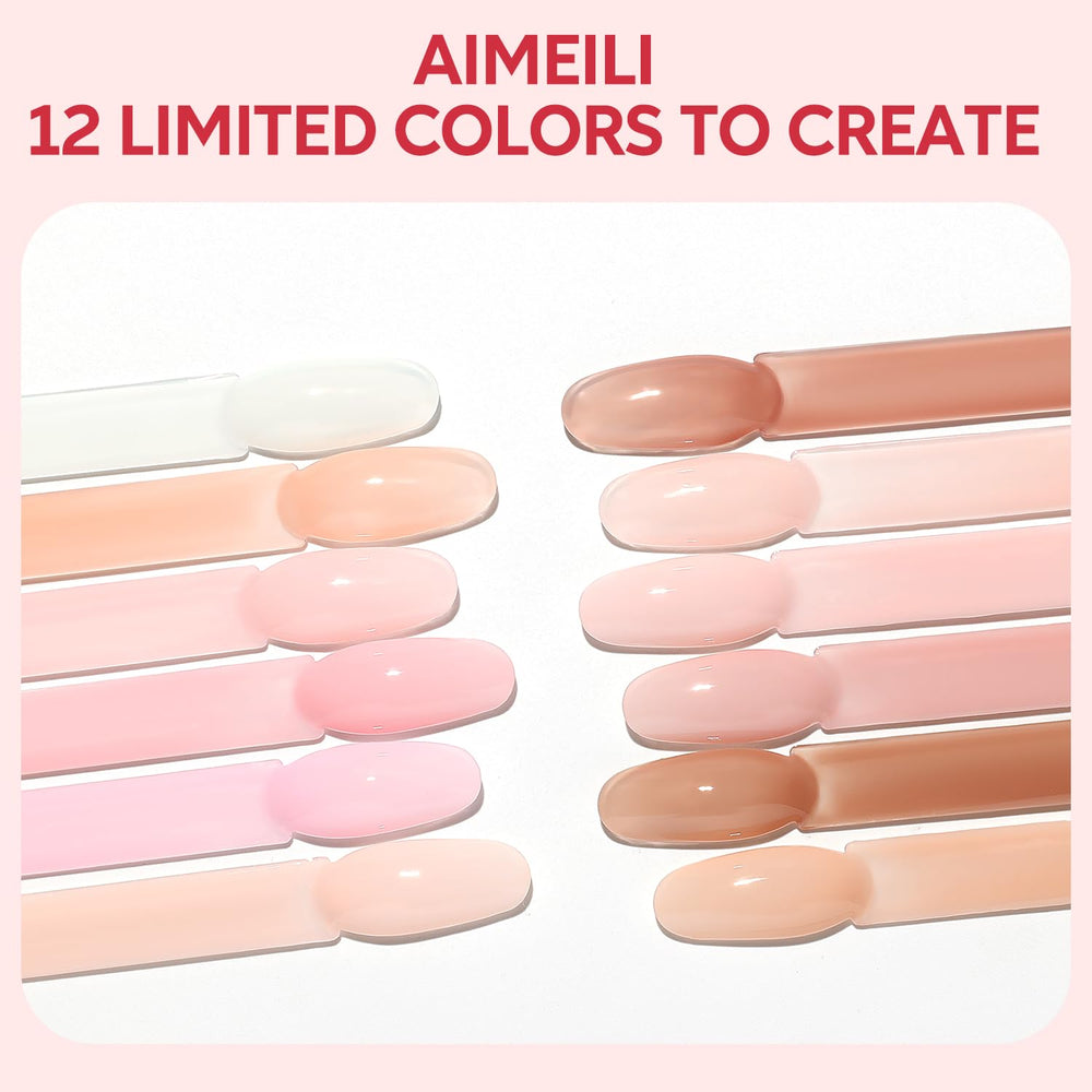 AIMEILI nude gel polish bottles displayed for easy color selection.