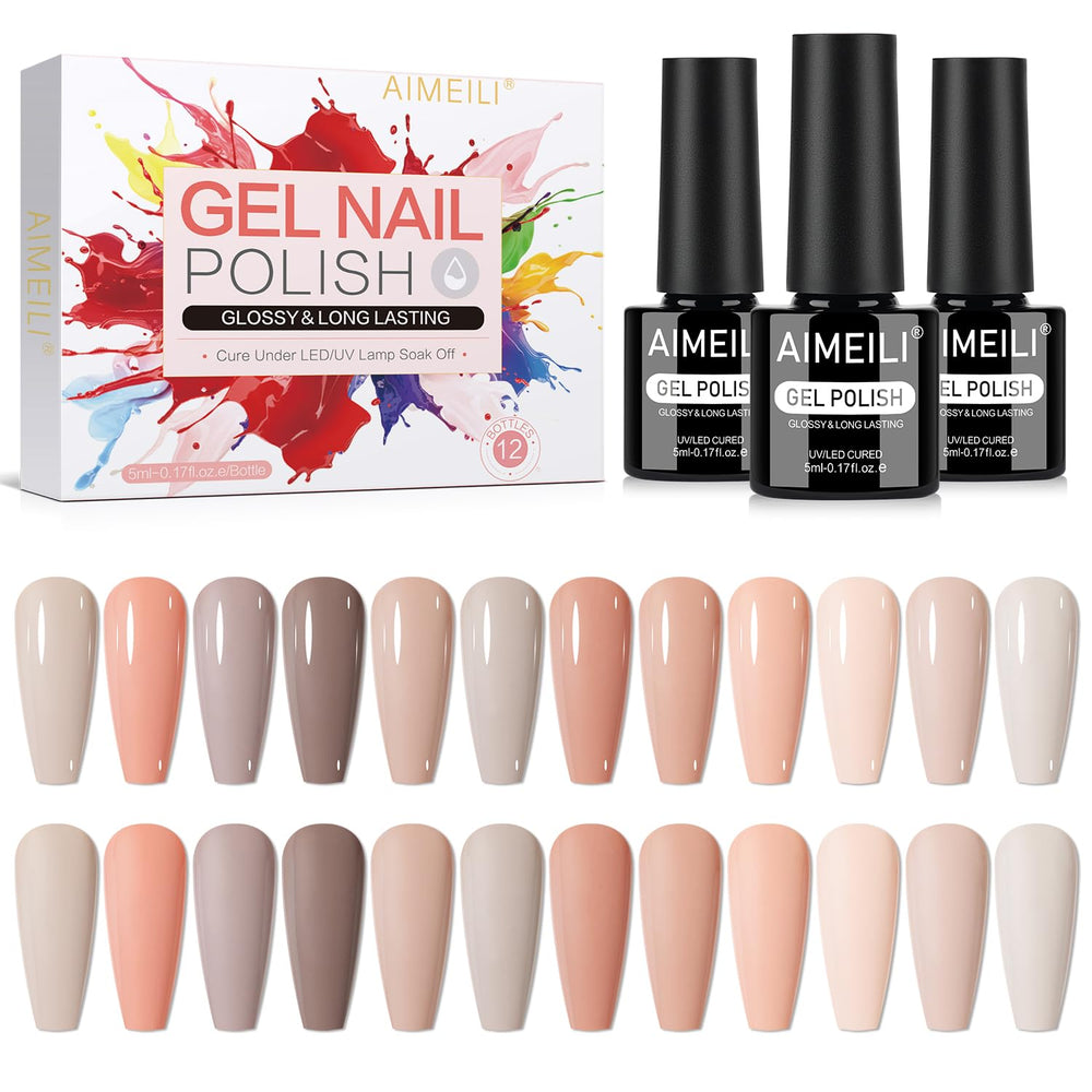 AIMEILI Nude Neutral gel nail polish set 12pcs bottle closeup, showcasing versatile shades for salon-perfect nails.