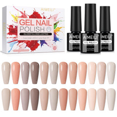 AIMEILI Nude Neutral gel nail polish set 12pcs bottle closeup, showcasing versatile shades for salon-perfect nails.
