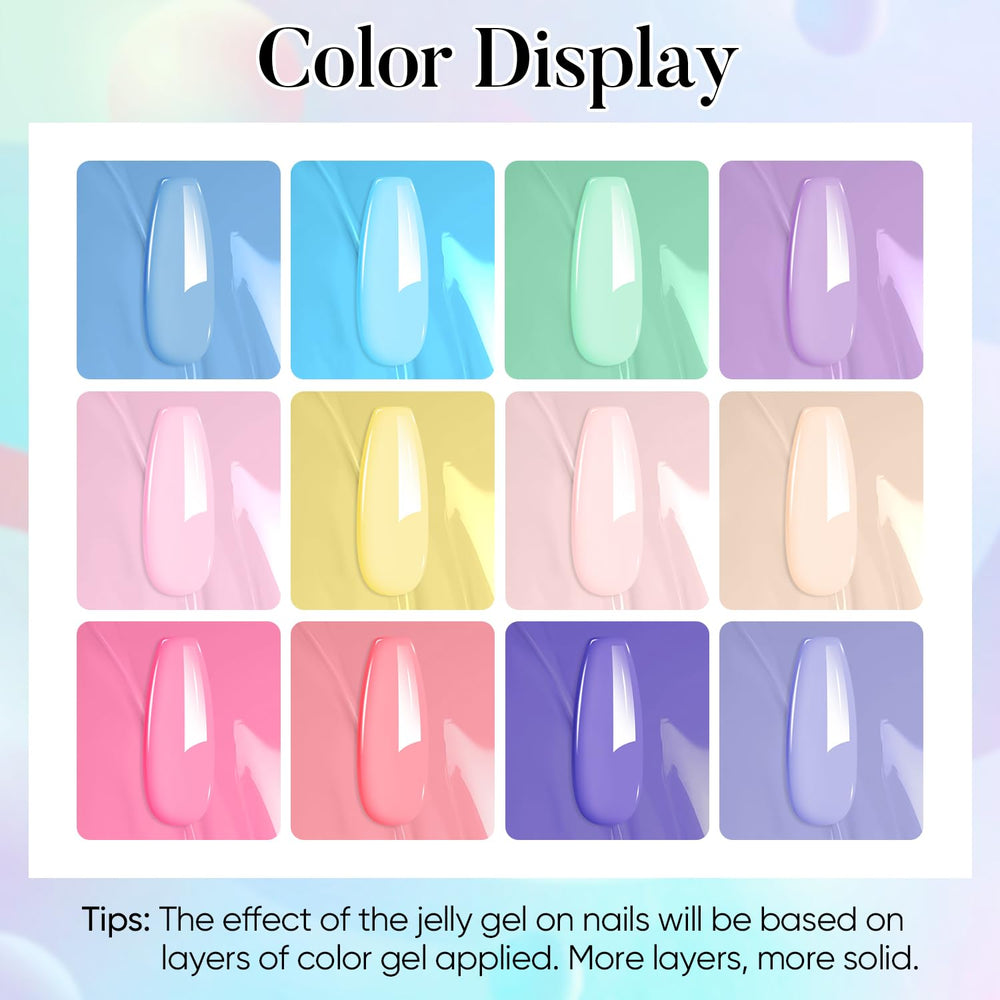 AIMEILI pastel gel nail polish color swatches display all twelve shades