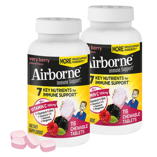 Airborne 1000mg Vitamin C with Zinc immune support chewables, berry flavor, 2-pack, 116 tablets front view