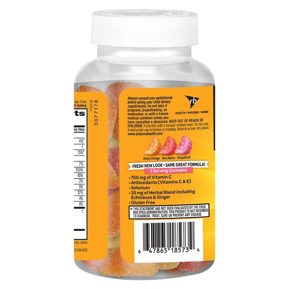 Nutrition and ingredients panel showing vitamins C & E, Selenium and herbal blend