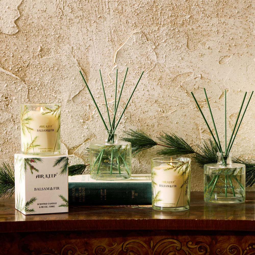 Holiday gift-ready Airkeep Balsam & Fir candle with fall decor