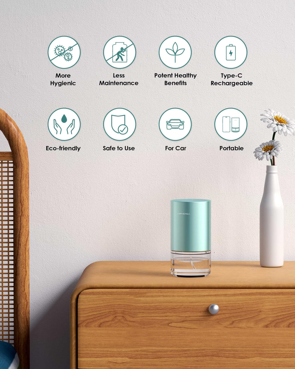 Cordless Airversa AN9 Mint being carried for on-the-go aromatherapy