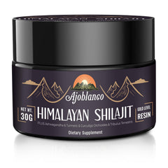 Ajoblanco Himalayan Shilajit Resin 600mg bottle with Ayurvedic blend