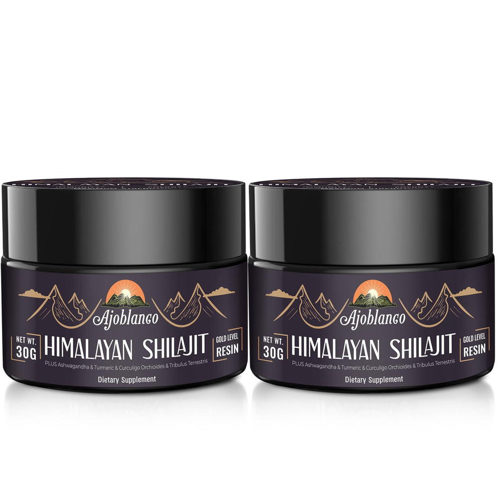 Ajoblanco Himalayan Shilajit Resin bottle closeup showing purity and mineral-rich potency.