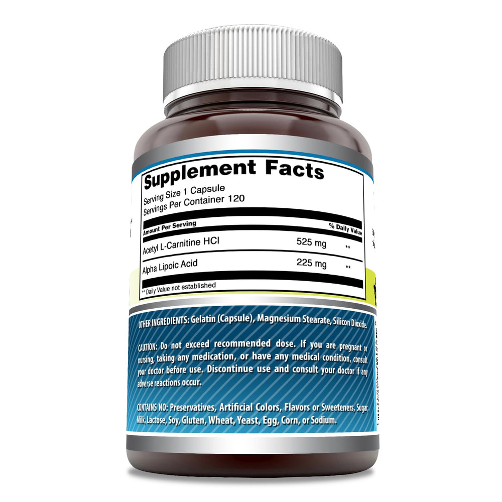 Close-up of ALA/ALC 750 mg per serving supplement label