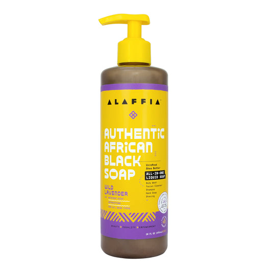 Alaffia African Black Soap bottle offers a detoxifying cleanse for skin and hair.