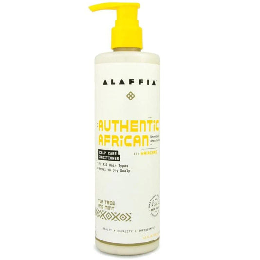 Alaffia Scalp Care Conditioner bottle showing refreshing tea tree mint formula for dry scalp