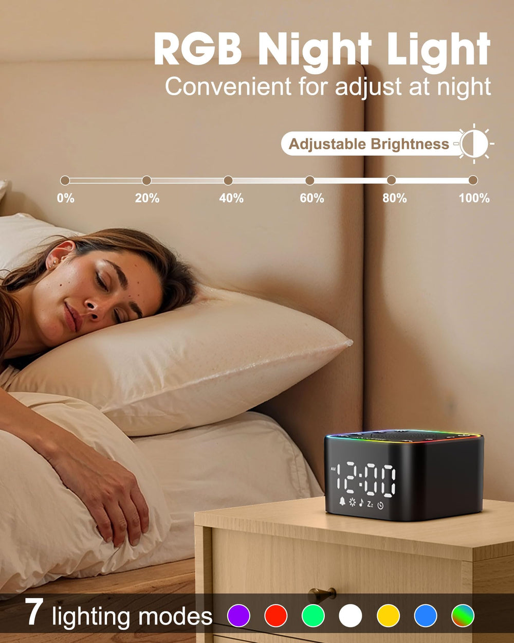 Alampan white-noise-sound-machine timer settings illustrate flexible sleep planning and wake times.