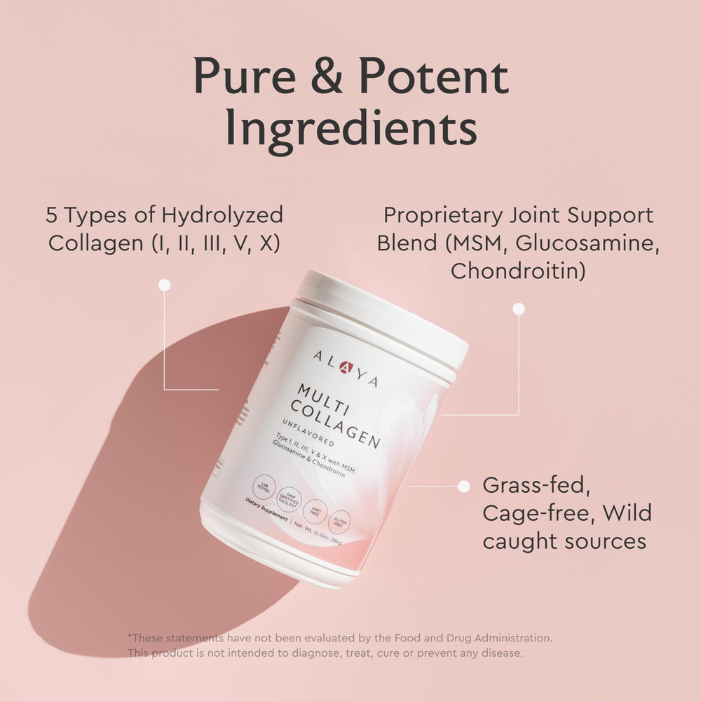 Ingredient panel showing Types I, II, III, V, X collagen with MSM