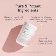 Ingredient panel showing Types I, II, III, V, X collagen with MSM