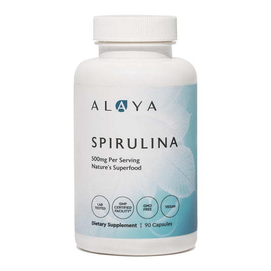 Alaya Naturals spirulina capsules featuring Earthrise spirulina, 500 mg per capsule