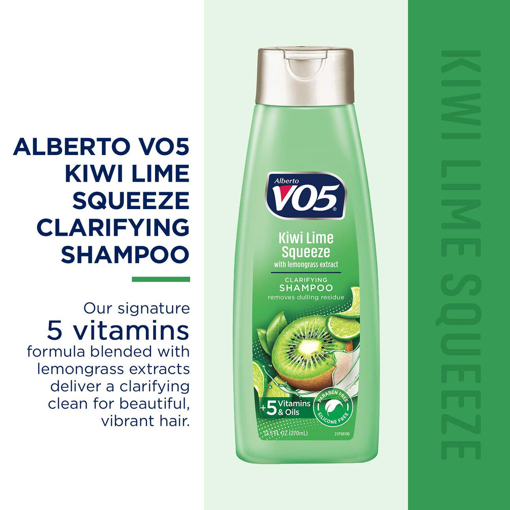 Alberto VO5 Kiwi Lime Squeeze bottle on counter highlights clarifying action for clean hair