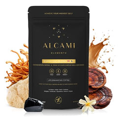 Cup of Alcami Elements Mushroom Espresso coffee with Lion’s Mane, Reishi and Cordyceps