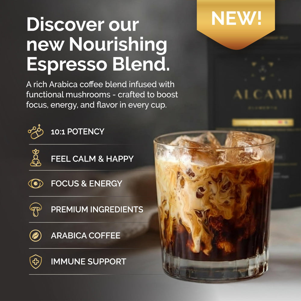 Close-up of organic Arabica beans and mushroom blend
