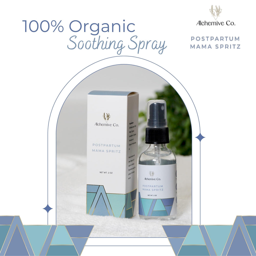 Alchemive Co Mama Spritz lavender-geranium-frankincense blend close-up ingredients.