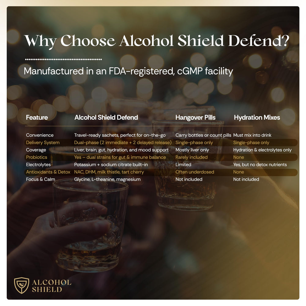 ALCOHOL SHIELD Defend combination pack emphasizes hydration and recovery.
