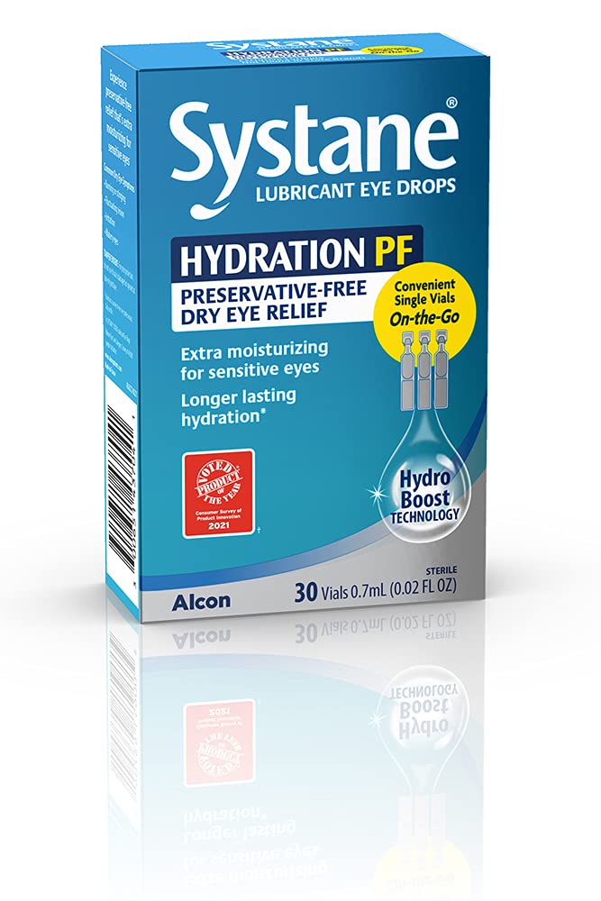 Alcon Hydration preservative-free bottle closeup for fast moisture delivery.
