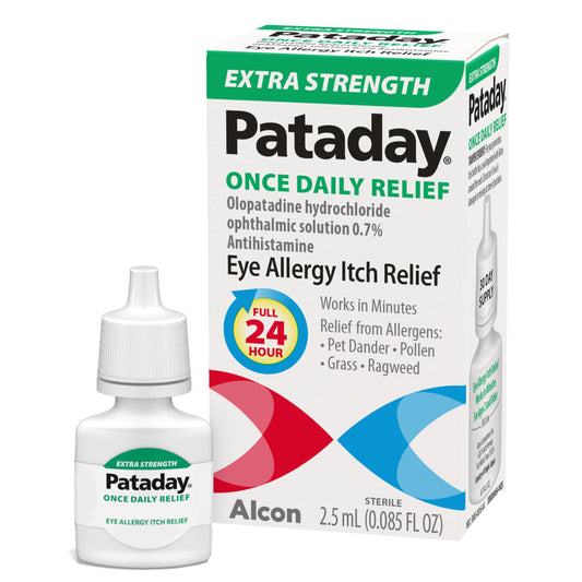 Pataday relief drops bottle close-up showing all-day itch relief.
