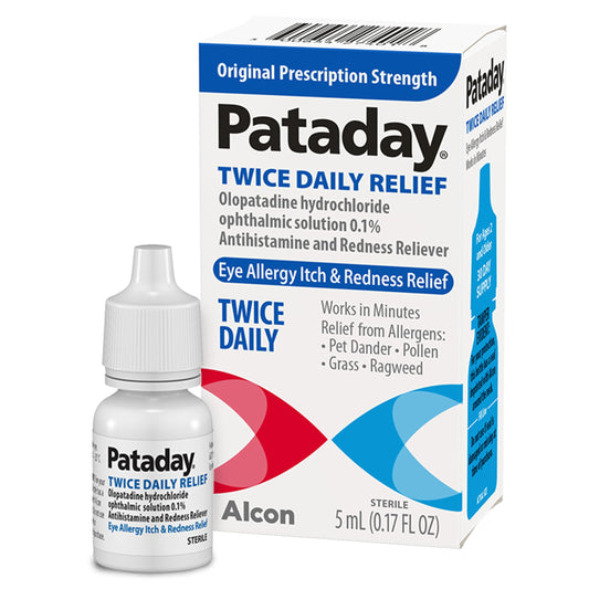 Alcon Pataday twice daily relief bottle shows clear labeling for allergy itch relief.