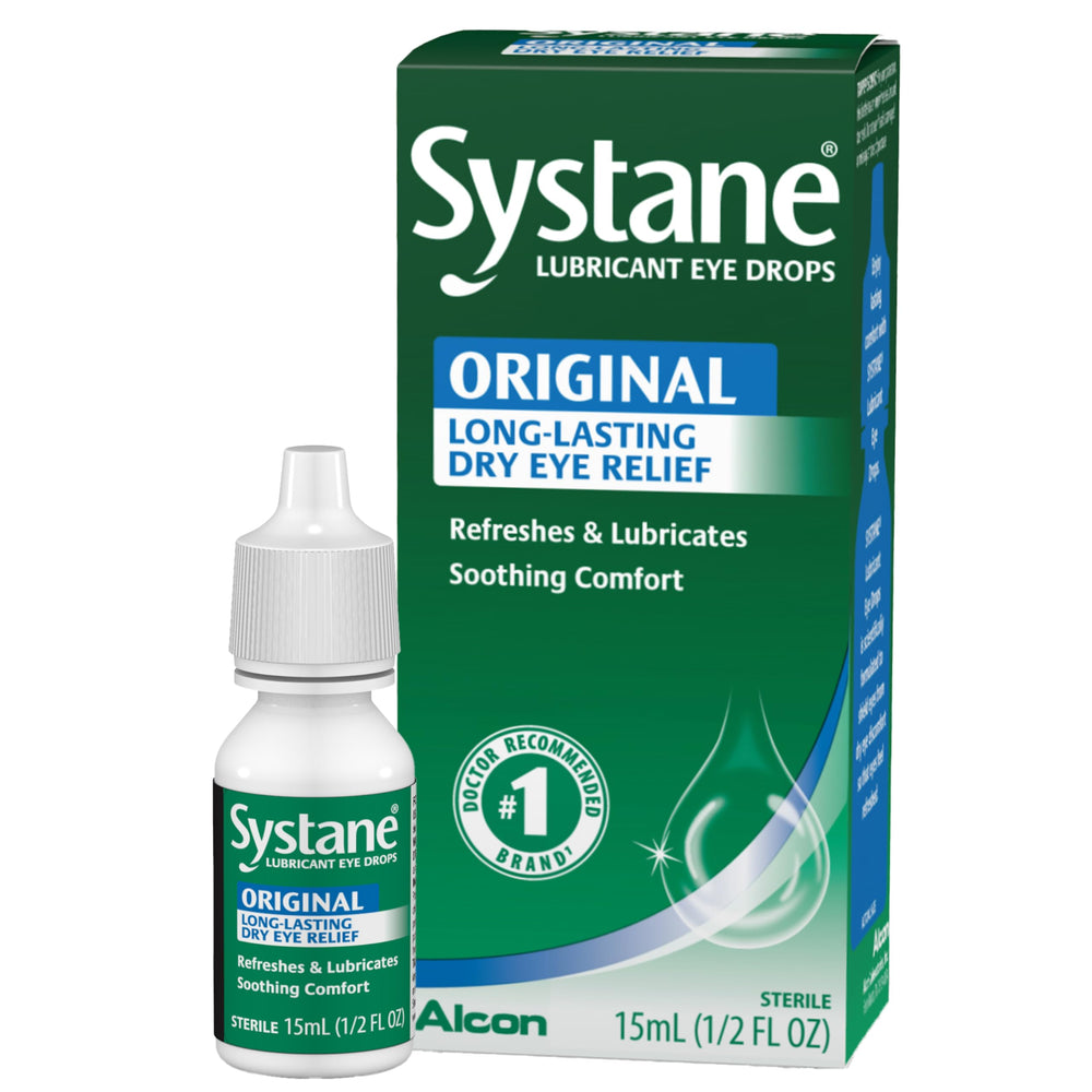 Alcon Systane bottle close-up showcasing long-lasting moisture for dry eyes.