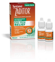 Alcon Zaditor twin-pack bottle shows long-lasting itch relief with a single drop