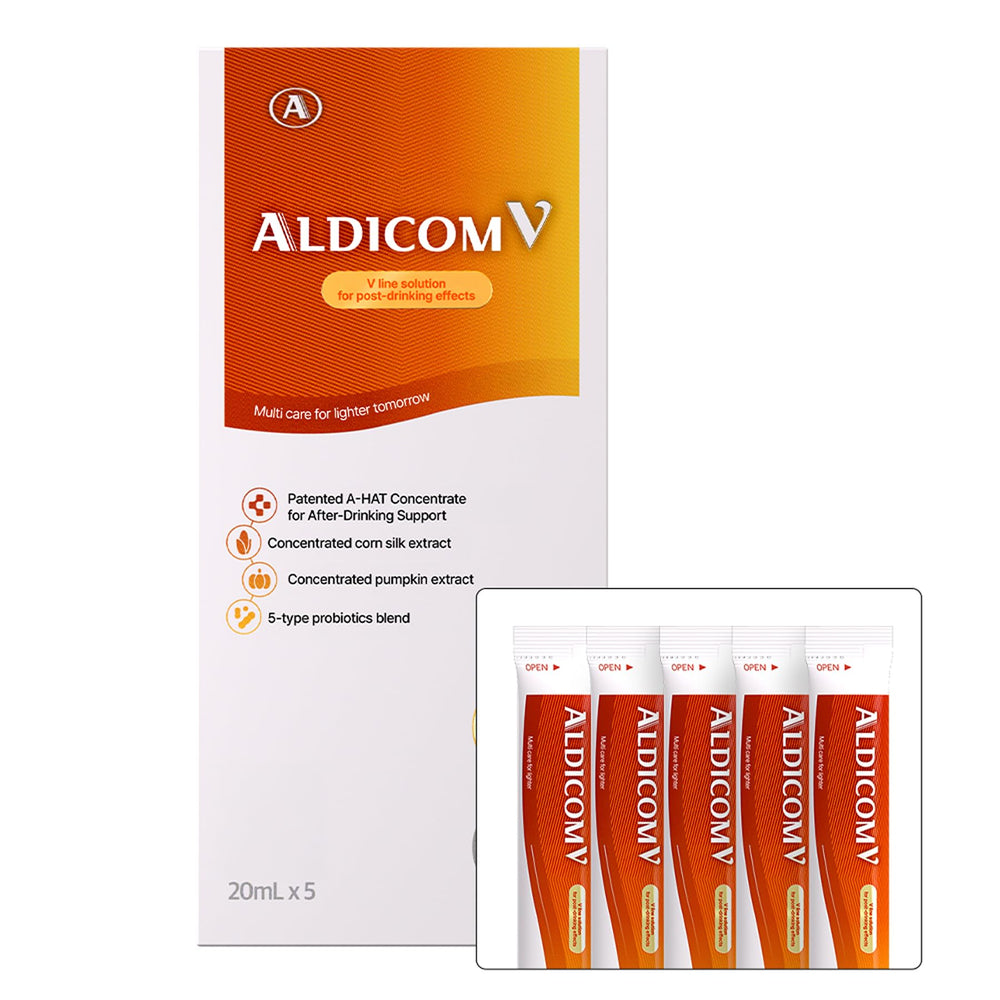ALDICOM V bottle pouring the herbal recovery drink to aid morning refreshment.