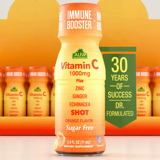 Front view of Alfa Vitamins Vitamin C Shot 1000mg with Zinc and Ginger & Echinacea bottle, orange flavor