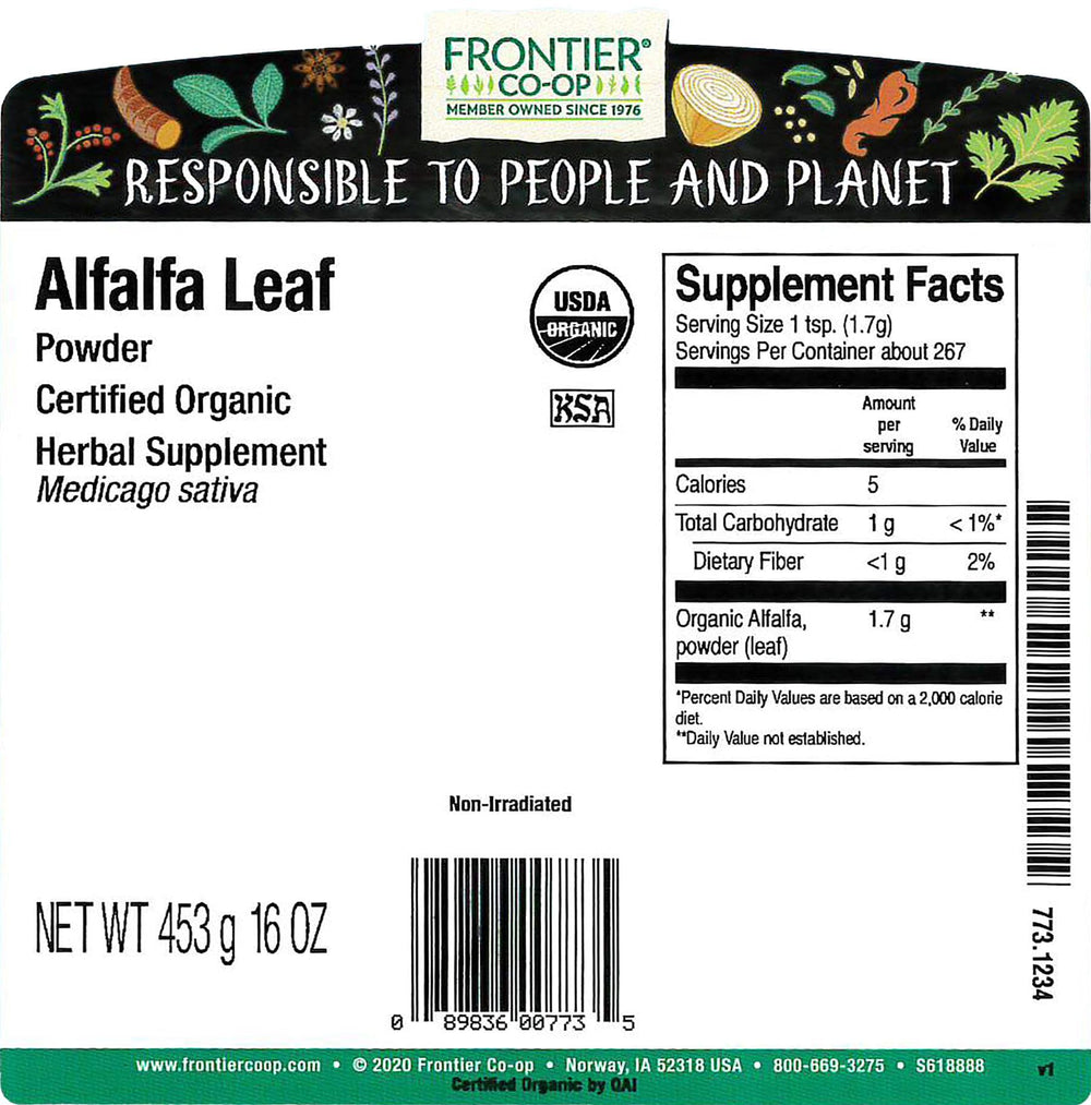 Close-up of organic alfalfa leaf powder texture