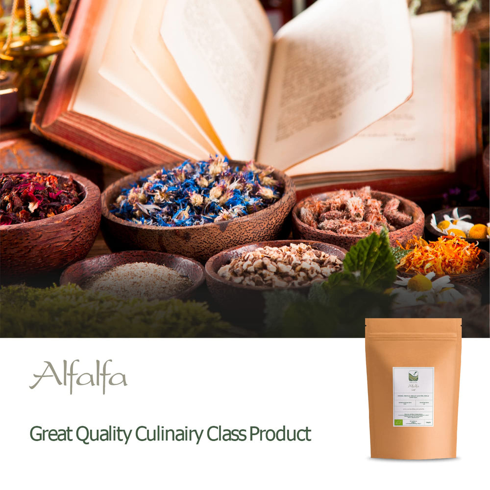 Scoop of alfalfa product next to bag