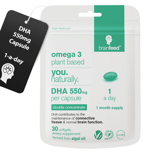 Algae DHA supplements bottle showing 550mg DHA per capsule