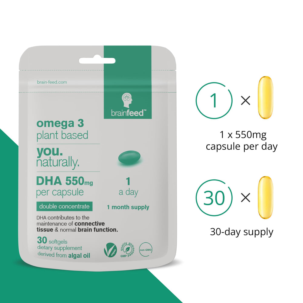 Vegan omega-3 DHA capsules on white background