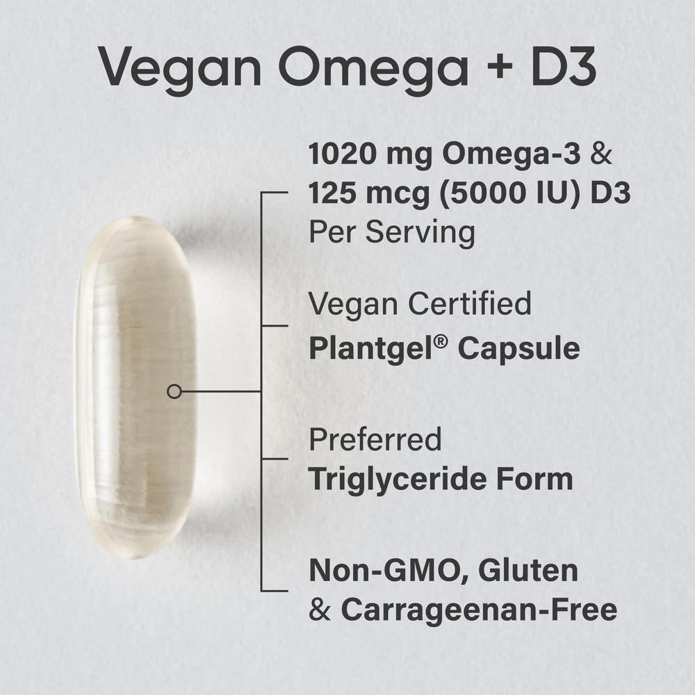 Algae oil omega-3 and vitamin D3 plant-based softgels