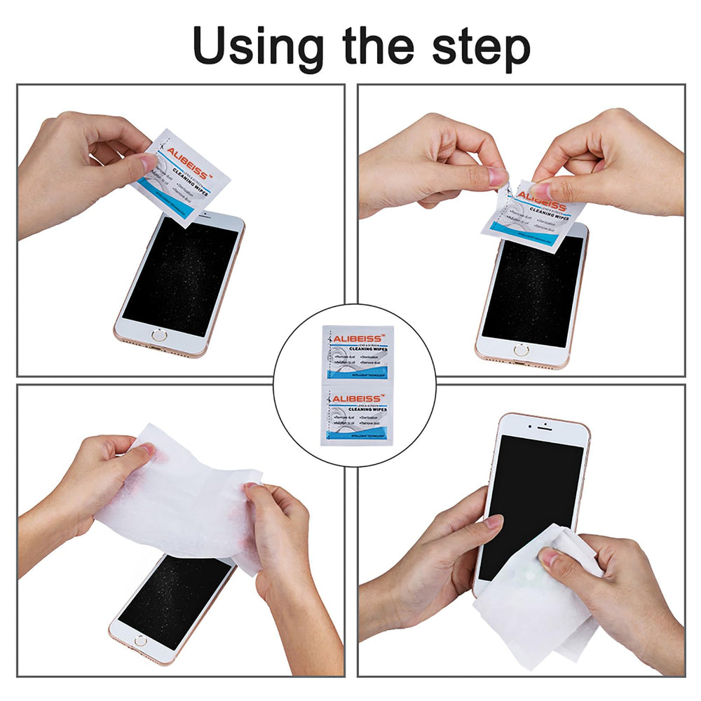 Six-image series showing use and packaging of ALIBEISS lens wipes - image 6