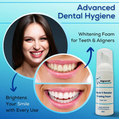 Aligners and retainers undergoing cleaning with foam
