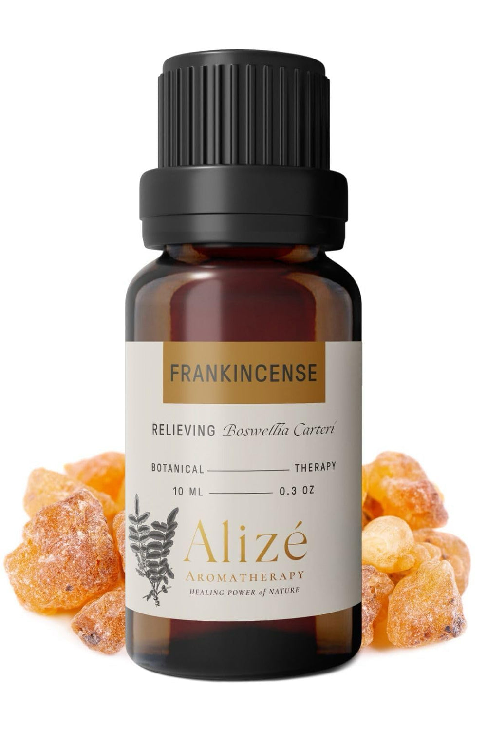 Alizé Aromatherapy Frankincense essential oil in a 10ml dark glass bottle